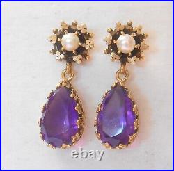 Stunning 9ctw Amethyst 4mm Pearl Crown Set 14K Yellow Gold Dangle Earrings 30mm