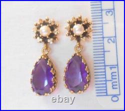 Stunning 9ctw Amethyst 4mm Pearl Crown Set 14K Yellow Gold Dangle Earrings 30mm