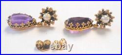 Stunning 9ctw Amethyst 4mm Pearl Crown Set 14K Yellow Gold Dangle Earrings 30mm