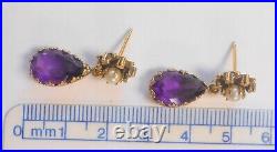 Stunning 9ctw Amethyst 4mm Pearl Crown Set 14K Yellow Gold Dangle Earrings 30mm