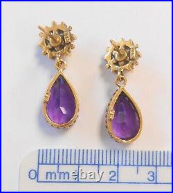 Stunning 9ctw Amethyst 4mm Pearl Crown Set 14K Yellow Gold Dangle Earrings 30mm