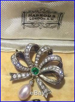 Stunning Antique Diamond Emerald And Pearl Brooch Set In Gold