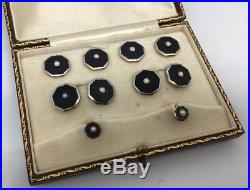 Stunning Antique Onyx & Pearl Cufflink Button & Stud Box Set Gold & Platinum