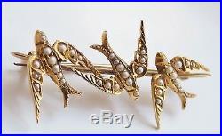 Stunning Antique Victorian 15ct Gold Pearl set'Three Swallows' Brooch c1895