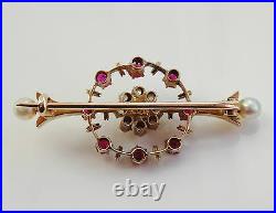 Stunning Antique Victorian 15ct Gold Ruby Diamond & Pearl set Brooch c1885