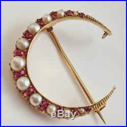 Stunning Antique Victorian 15ct Gold Ruby & Pearl set Crescent Brooch c1895