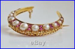 Stunning Antique Victorian 15ct Gold Ruby & Pearl set Crescent Brooch c1895