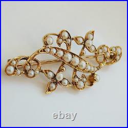 Stunning Antique Victorian 15ct Gold Seed Pearl set Foliate Spray Brooch c1895