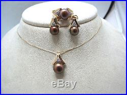 Stunning Chocolate Pearl Necklace-Earring-Ring Set in 14k Yellow Gold