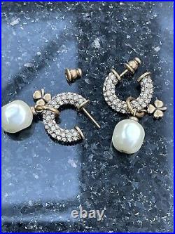 Stunning Dior Pearl Drop Earrings Set With Pave Crystals & A Three Leaf Clover