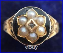 Stunning Ornate Victorian Diamond & Pearl Enamel Ring Set In 15ct Yellow Gold