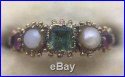 Stunning Victorian Emerald Ruby & Pearl Closed Back Ring Band Set In Yellow Gold