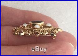 Stunning Vintage 9ct Gold Garnet & Cultured Pearl Brooch In Open Work Setting