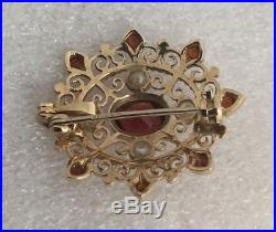 Stunning Vintage 9ct Gold Garnet & Cultured Pearl Brooch In Open Work Setting