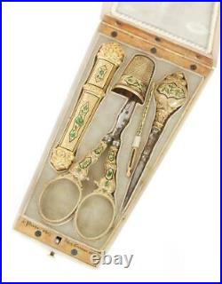 Superb Antique French Hand Carved Mother Of Pearl Solid Gold Enamel Sewing Set
