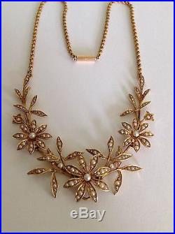 Superb Antique Victorian 15ct Gold Natural Seed Pearl Set Floral Necklace
