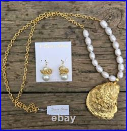 Susan Shaw Set 24k Gold Pearl Oyster Necklace And 24k Pearl Earings