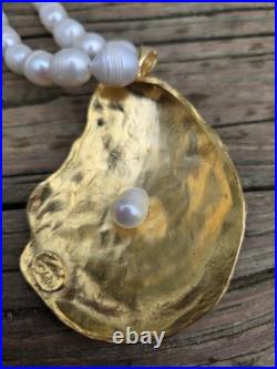 Susan Shaw Set 24k Gold Pearl Oyster Necklace And 24k Pearl Earings