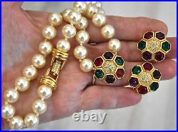 Swarovski Beaded Pearl & Jewel Tone Rhinestone Gold Necklace Earrings Set