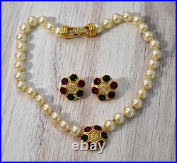 Swarovski Beaded Pearl & Jewel Tone Rhinestone Gold Necklace Earrings Set