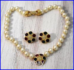 Swarovski Beaded Pearl & Jewel Tone Rhinestone Gold Necklace Earrings Set