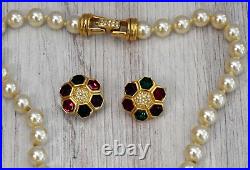 Swarovski Beaded Pearl & Jewel Tone Rhinestone Gold Necklace Earrings Set