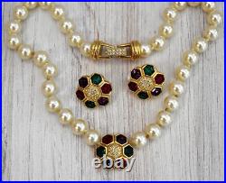 Swarovski Beaded Pearl & Jewel Tone Rhinestone Gold Necklace Earrings Set