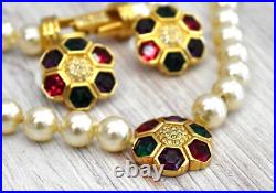 Swarovski Beaded Pearl & Jewel Tone Rhinestone Gold Necklace Earrings Set