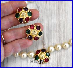 Swarovski Beaded Pearl & Jewel Tone Rhinestone Gold Necklace Earrings Set