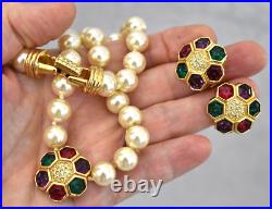 Swarovski Beaded Pearl & Jewel Tone Rhinestone Gold Necklace Earrings Set