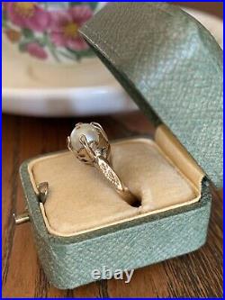 Sweet PEARL Antique Art NOUVEAU 14k Gold Ring Solitaire Tall Crown Set Etched