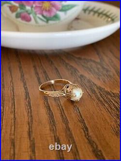 Sweet PEARL Antique Art NOUVEAU 14k Gold Ring Solitaire Tall Crown Set Etched