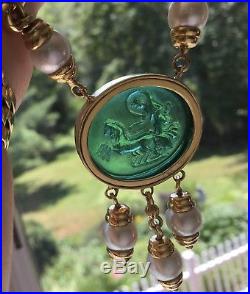 TAGLIAMONTE 18k YG Blue Glass Cameo Necklace Set with 7 Pearls, Diana in Chariot