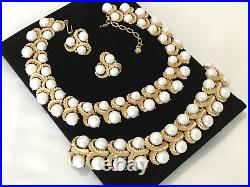 TRIFARI SET Necklace Wide Cuff Bracelet Earring Pearl Cabochon Gold Tone Vintage