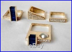 TRISKO 14k Modernist 4-Pc Set Diamond Sapphire Pearl Square Stack Puzzle Rings
