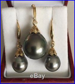 Tahiti Perlen Ohrringe-Anhänger Set 14k /585 Gold mit Diamanten