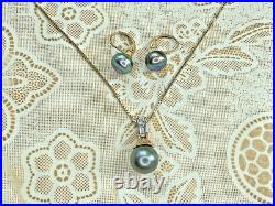 Tahitian Black Pearl Necklace & Earrings Set 14K/10K Gold with Diamonds 8.5g, Ital