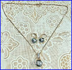 Tahitian Black Pearl Necklace & Earrings Set 14K/10K Gold with Diamonds 8.5g, Ital
