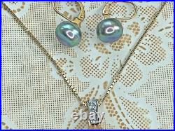 Tahitian Black Pearl Necklace & Earrings Set 14K/10K Gold with Diamonds 8.5g, Ital