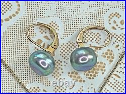 Tahitian Black Pearl Necklace & Earrings Set 14K/10K Gold with Diamonds 8.5g, Ital