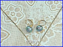 Tahitian Black Pearl Necklace & Earrings Set 14K/10K Gold with Diamonds 8.5g, Ital