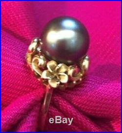 Tahitian Black Pearl Ring 12.5mm, 14 K gold setting with Plumeria detail. Size 7