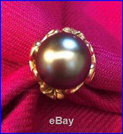 Tahitian Black Pearl Ring 12.5mm, 14 K gold setting with Plumeria detail. Size 7