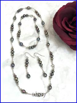 Tahitian Pearl Jewelry SET South Sea Pearl Necklace Bracelet Earrings White Gold