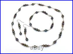 Tahitian Pearl Jewelry SET South Sea Pearl Necklace Bracelet Earrings White Gold