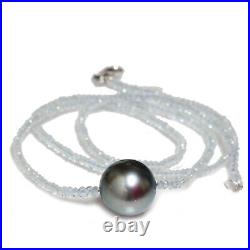 Tahitian Pearl set with Aquamarine necklace 13.5mm 18 18k white gold