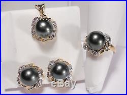 Tahitian black pearl set(ring, earrings, pendant), diamonds, solid 14k yellow gold