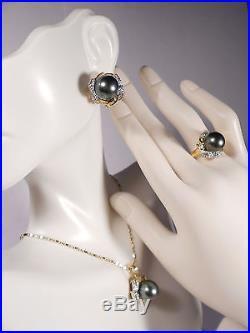 Tahitian black pearl set(ring, earrings, pendant), diamonds, solid 14k yellow gold