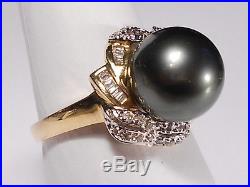 Tahitian black pearl set(ring, earrings, pendant), diamonds, solid 14k yellow gold