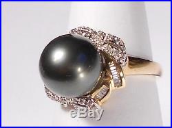 Tahitian black pearl set(ring, earrings, pendant), diamonds, solid 14k yellow gold